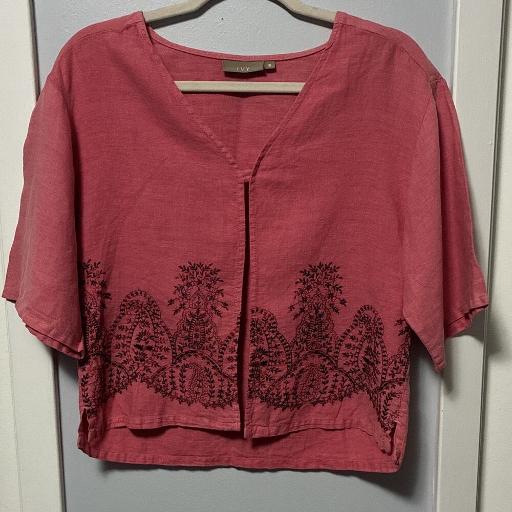 IVY Coral Pink 100% Linen Cropped Top Sz S Embroidered Hem Peasant Boho Blouse